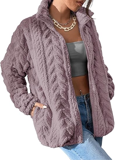 Winter Fleece Jacket for Women 2025 Zipper Stand Collar Casual Coats with Pockets (Purple)