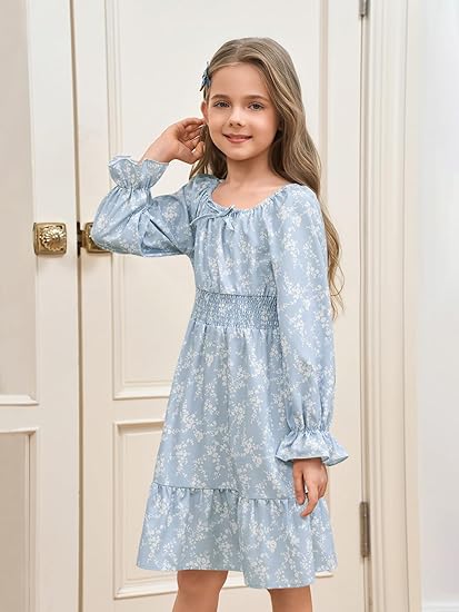 Girls Fall Long Sleeve Floral Dresses Kids Square Neck Smocked Holiday Party Dress(Light Blue) - Image 4
