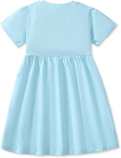 Girls' Cotton Short Sleeve Dresses Cute Stripe Cartoon Patterned Casual Sundress(Aqua Blue Cat) - Image 3
