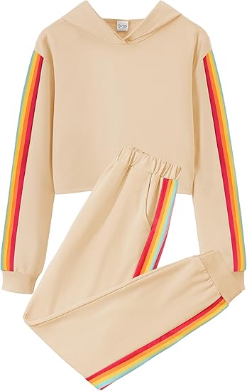 Girls Clothes Hoodies For Girls Activewear Long Sleeve Rainbow Ribbon Sweatshirts And Sweatpants (Beige rainbow)