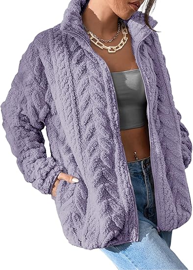 Winter Fleece Jacket for Women 2025 Zipper Stand Collar Casual Coats with Pockets (Orchid Pearl)