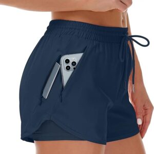 Mancreda Women's Running Shorts with Liner 3 Zipper Pockets Elastic Workout Athletic Gym Yoga Shorts(Navy)