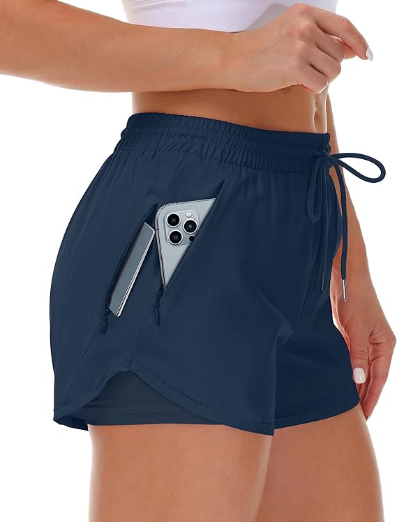 Mancreda Women's Running Shorts with Liner 3 Zipper Pockets Elastic Workout Athletic Gym Yoga Shorts(Navy)