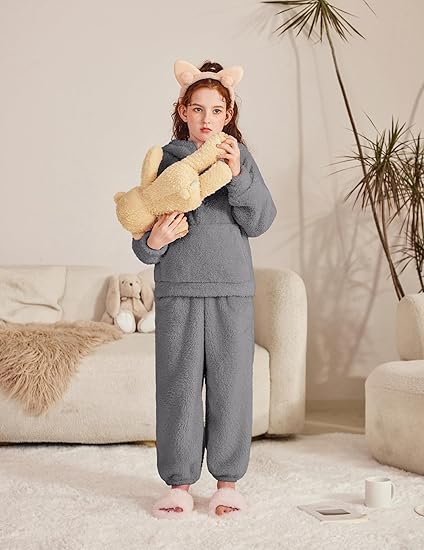 Girls 2 Piece Outfits Drop Shoulder Hoodie Half Zip Fluffy Sweatshirt and Fleece Pants Sweatsuit(Deep Grey) - Image 4