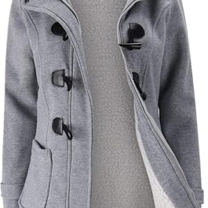Womens Fashion Horn Button Fleece Thicken Coat with Hood Winter Warm Jacket (Grey)