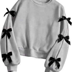 Girls Sweatshirt Cute Bow Tie Long Sleeve Crewneck Pullover Top Casual Fall Winter(Grey)