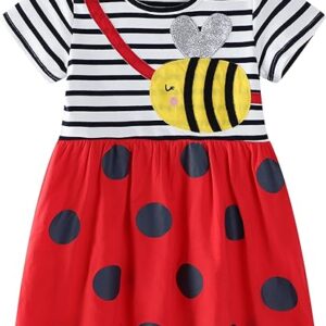 Toddler Girl Cotton Casual Dress Cartoon Appliques Short Sleeve Tunic Jersey Clothing(stripe&bee)
