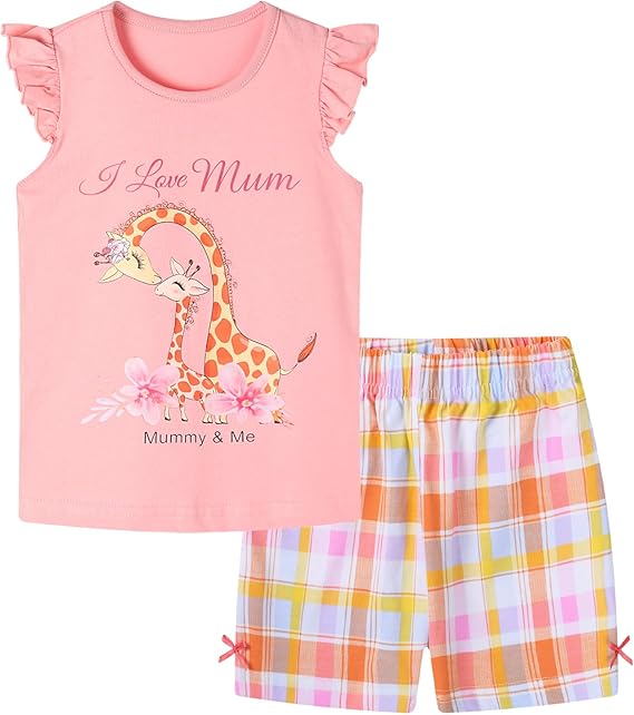 Toddler Girl Summer Short Outfit Sets Cotton Short Sleeve Tops Tees Shorts Clothing Sets(pinkdeer)