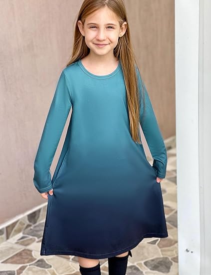 Girls Dress Kids Long Sleeve Solid Color Casual T-Shirt Dress(Navy Blue) - Image 3