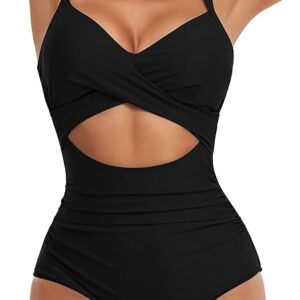 Eomenie Women's One Piece Swimsuits Tummy Control Cutout High Waisted Bathing Suit Wrap Tie Back 1 Piece Swimsuit(Black)
