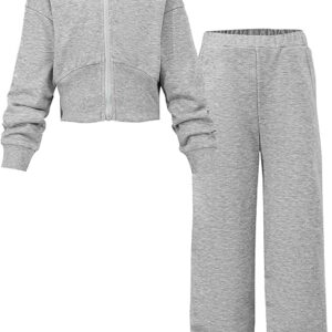 Girls 2 Piece Outfits Hoodie Zip Drop Shoulder Sweatshirt and Sweatpants Set with Pockets Sweatsuit Fall Clothes(Grey)