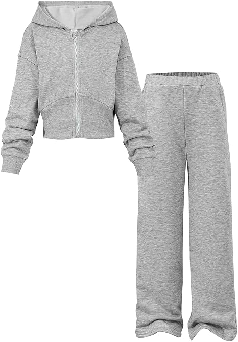 Girls 2 Piece Outfits Hoodie Zip Drop Shoulder Sweatshirt and Sweatpants Set with Pockets Sweatsuit Fall Clothes(Grey)