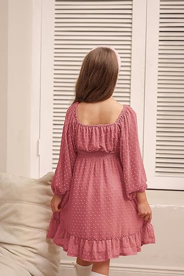Girls Ruffle Tiered Dress Long Sleeve Swiss Dot Flowy A-Line Dress (Ravial Pink) - Image 5