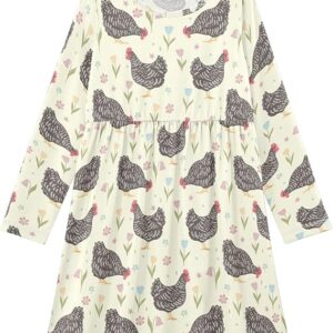 Girl Long Sleeve Dresses Ribbed A-Line Soft Fall Outfits for Girls(Chickens)