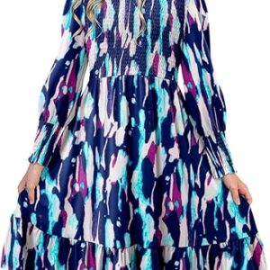 Girls Smocked Dress Casual Puff Long Sleeve Ruffle Neck Dresses (Multicolour)