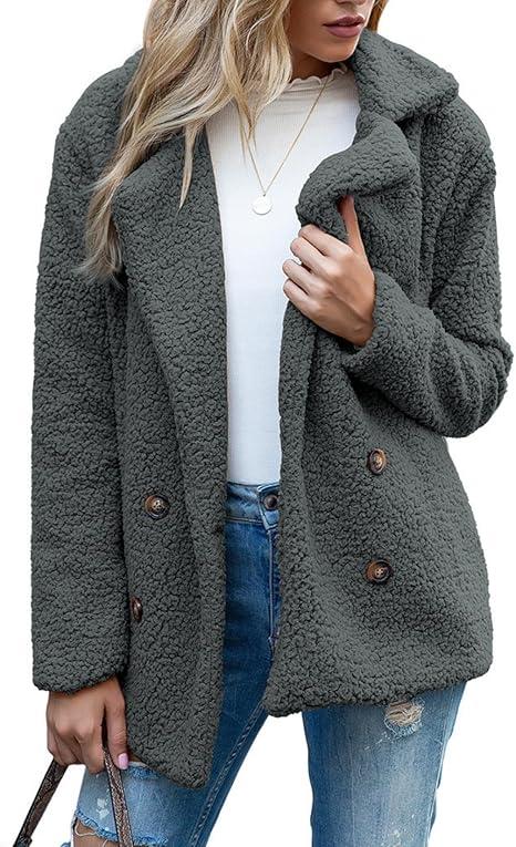 Winter Warm Plush Cardigan Fuzzy Fleece Lapel Jacket with Buttons Pockets Long Sleeve Casual Outerwear(Grey)