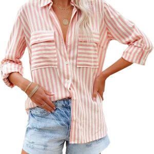 OMSJ Women's Striped Button Down Shirts Casual V Neck Blouses Tops(Pink)