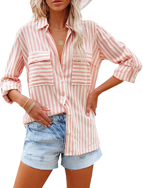 OMSJ Women's Striped Button Down Shirts Casual V Neck Blouses Tops(Pink)