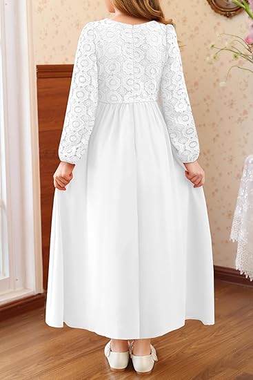 Girls Long Sleeve Maxi Dress Vintage Chiffon A-Line Formal Junior Bridesmaid Dresses for Fall Wedding Party(White) - Image 3