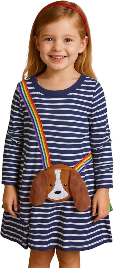 Toddler Girl Long Sleeve Dress Cotton Casual Jersey Shirt Playwear Applique Dress(navystripedog)