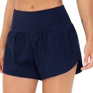 THE GYM PEOPLE Womens High Waisted Running Shorts Quick Dry Athletic Workout Shorts with Mesh Liner Zipper Pockets( Blue)