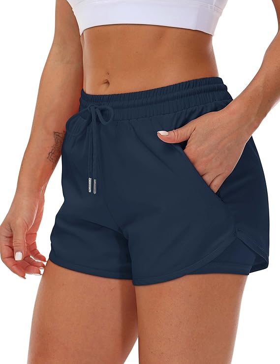 Mancreda Women's Running Shorts with Liner 3 Zipper Pockets Elastic Workout Athletic Gym Yoga Shorts(Navy) - Image 2