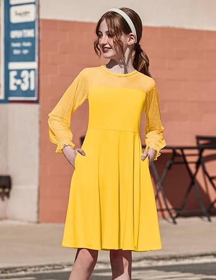 Girl's Contrast Mesh Puff Long Sleeve High Waist A Line Short Dress with Pockets(Yellow) - Image 5