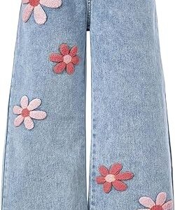 Girl's Floral Baggy Jeans Cute Wide Leg Denim Pants Elastic Waist Denim Jeans with Pockets (Blue and Pink)