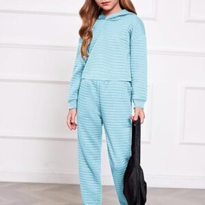 Girls 2 Piece Outfit Waffle Knit Pullover Hooded Sweatshirt and Sweatpants Clothing Sets Long Sleeve Tracksuits(Light Blue)