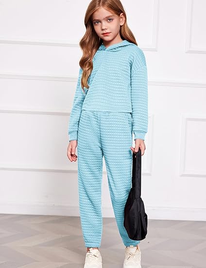 Girls 2 Piece Outfit Waffle Knit Pullover Hooded Sweatshirt and Sweatpants Clothing Sets Long Sleeve Tracksuits(Light Blue)