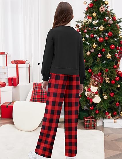 Girls 2 Piece Outfits Sweatsuit Set Twist Front Sweatshirt Wide Leg Sweatpants Tracksuit with Pockets(Black and red Plaid) - Image 5