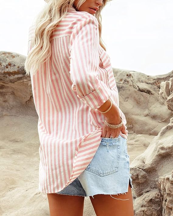 OMSJ Women's Striped Button Down Shirts Casual V Neck Blouses Tops(Pink) - Image 2