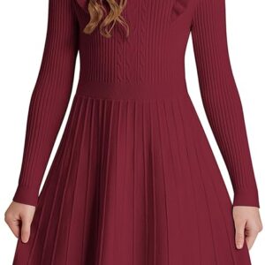 Girls Sweater Dress Fall Winter Long Sleeve Cable Knit Pullover Dresses(Burgundy)