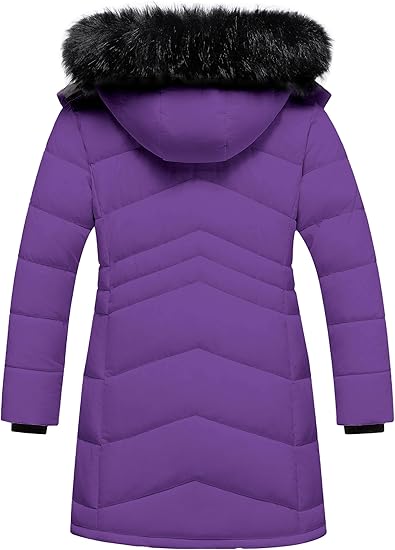 Winter Coats Kids Waterproof Long Puffer Jacket Thicken Fleece Lined Ski Parka with Detachable Fur Hooded (Purple) - Image 5