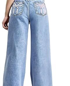Girl's Bow Print Back Zipper Fly Elastic High Waist Denim Pants Basic Wide Leg Jeans