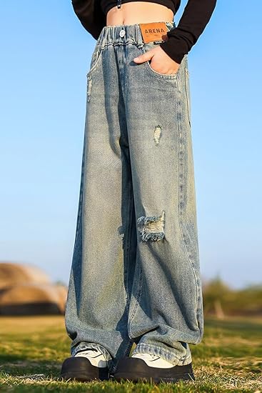 Kids Girls Elastic Waist Cool Ripped Jeans Washed Denim Wide Leg Ripped Denim Jean Age (Pant 3) - Image 5