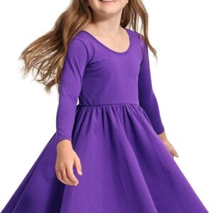Long Sleeve Girls Dress Toddler White Dresses Skater Twirl Cotton A-Line Dress for School Casual(Purple)