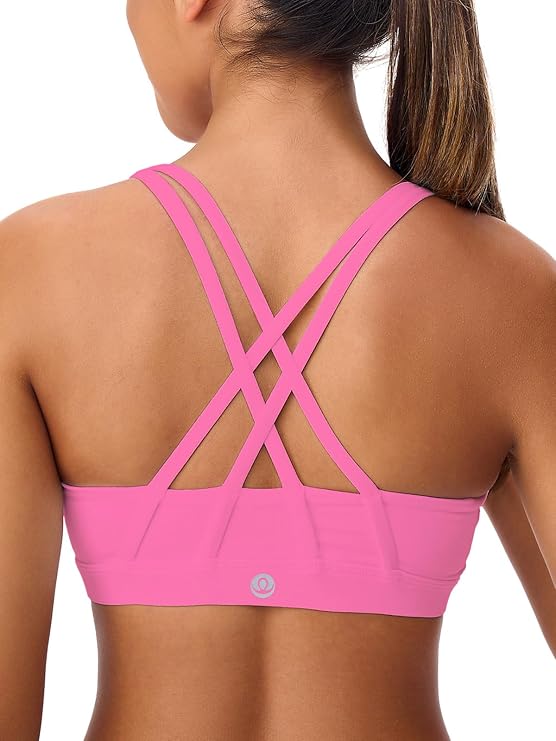 Women's Strappy Sports Bras Light Compression Crop Criss Cross Back Padded Workout Yoga Bra Supportive U Neckline( Hot Pink)