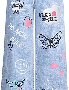 Girl's Y2k Graphic Jeans Butterfly Print Jeans Elastic High Waisted Straight Leg Denim Pants