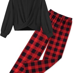 Girls 2 Piece Outfits Sweatsuit Set Twist Front Sweatshirt Wide Leg Sweatpants Tracksuit with Pockets(Black and red Plaid)