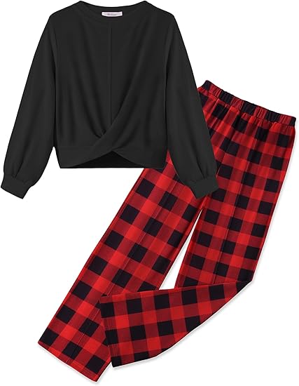 Girls 2 Piece Outfits Sweatsuit Set Twist Front Sweatshirt Wide Leg Sweatpants Tracksuit with Pockets(Black and red Plaid)