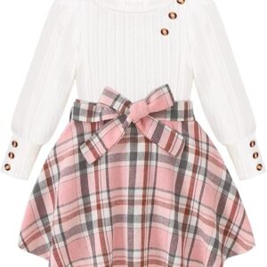 Girls Skirt Sets Fall Outfits Puff Sleeve Crewneck Ribbed Knit Tops and Plaid Skirt Set Kids Fall Winter Clothes(Pink)