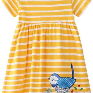 Girls Cotton Embroidery Applique Short Sleeve Dresses(Yellow/White)