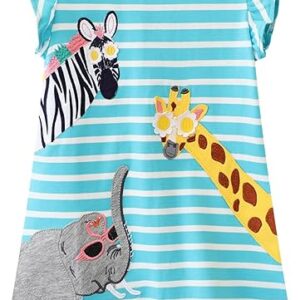 oddler Girls Cotton Summer Short Sleeve Dress Cartoon Print Casual Jersey Dresses(Giraffe&elephant)