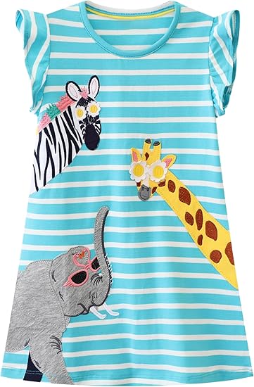 oddler Girls Cotton Summer Short Sleeve Dress Cartoon Print Casual Jersey Dresses(Giraffe&elephant)