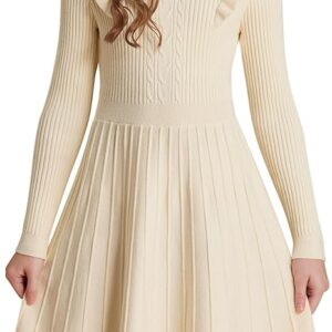 Girls Sweater Dress Fall Winter Long Sleeve Cable Knit Pullover Dresses(Cream)