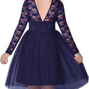 Girl Dress V Back Lace Long Sleeve Tulle Special Occasion Wedding Party Dresses(Deep Blue)