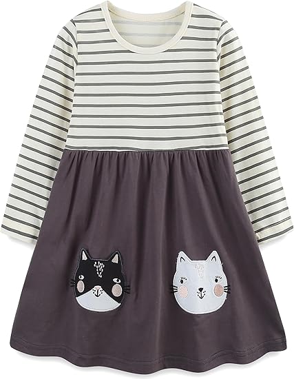 Toddler Girl's Long Sleeve Dresses( White/Gray Striped Cat)