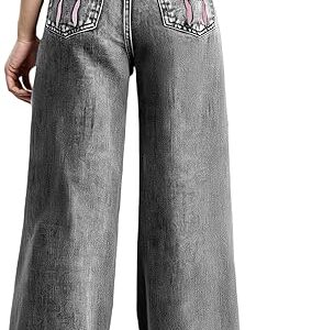 Girl's Bow Print Back Zipper Fly Elastic High Waist Denim Pants Basic Wide Leg Jeans (pant 5)