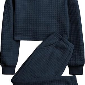 Girls 2 Piece Outfit Waffle Knit Pullover Hooded Sweatshirt and Sweatpants Clothing Sets Long Sleeve Tracksuits(navy Blue)